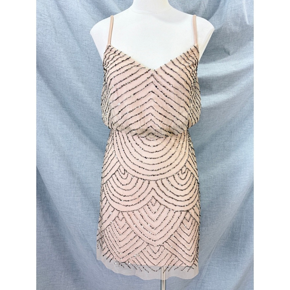 Adrianna Papell Blush Beaded Art Deco Cocktail Dress Gatsby Size 6